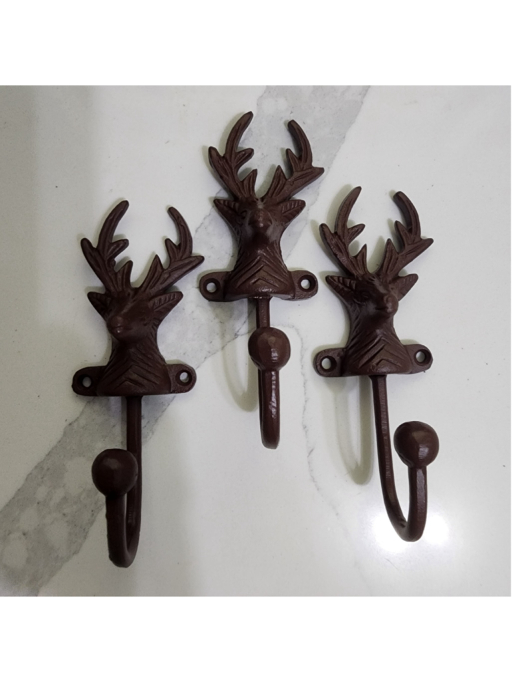 Deer Head Wall Hooks Rustic Lodge Decor, Cast Iron. Set of 3
